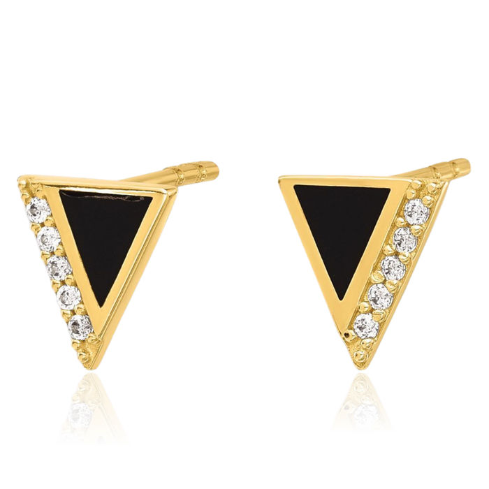 14K Solid Yellow Gold Cubic Zirconia CZ Black Triangle Stud Earrings