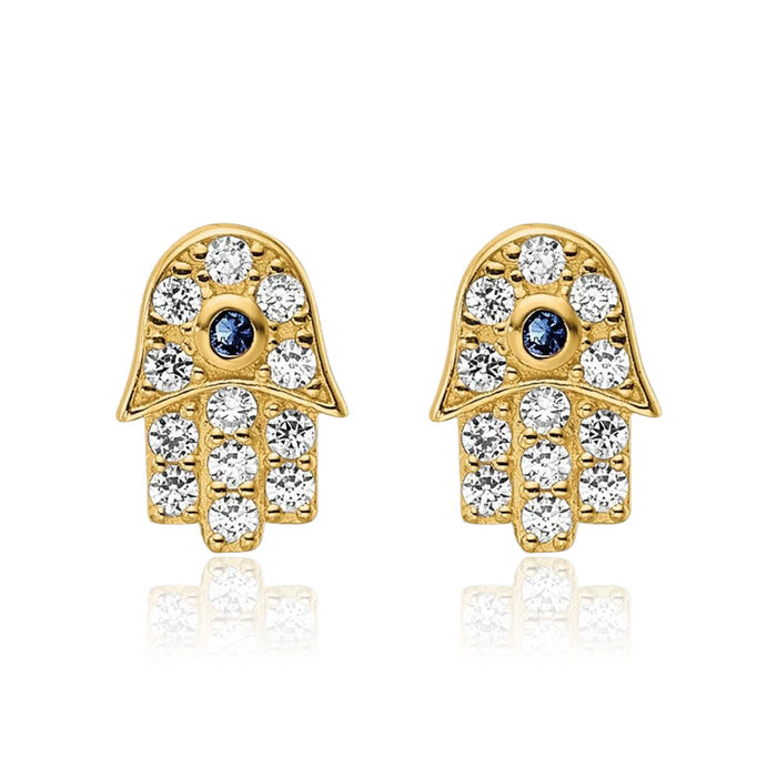 14K Solid Yellow Gold Cubic Zirconia CZ Blue Glass Stone Hamsa Hand of Fatima Evil Eye Protection Stud Earrings