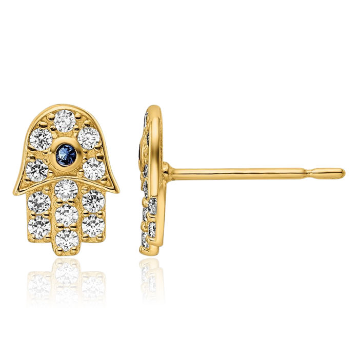 14K Solid Yellow Gold Cubic Zirconia CZ Blue Glass Stone Hamsa Hand of Fatima Evil Eye Protection Stud Earrings