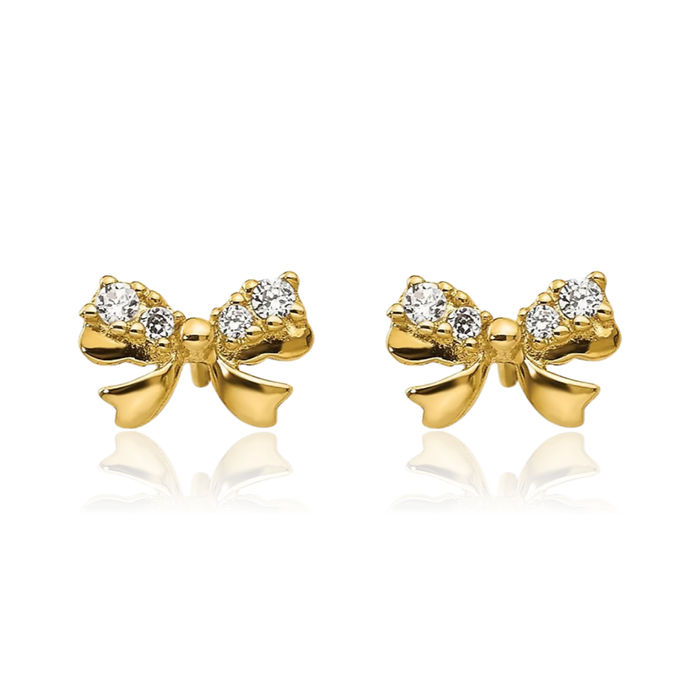 14K Solid Yellow Gold Cubic Zirconia CZ Bow Stud Earrings