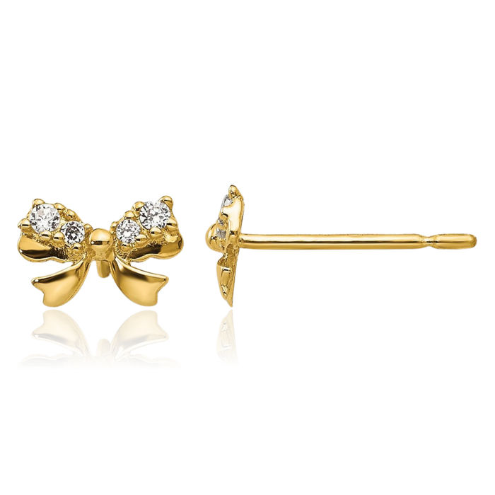 14K Solid Yellow Gold Cubic Zirconia CZ Bow Stud Earrings