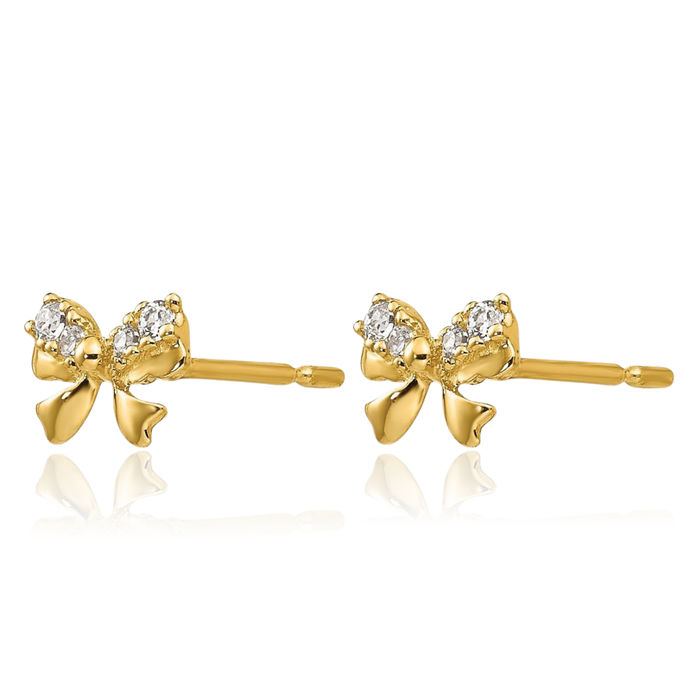 14K Solid Yellow Gold Cubic Zirconia CZ Bow Stud Earrings