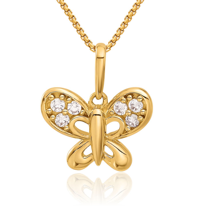 14K Solid Yellow Gold Cubic Zirconia CZ Butterfly Wings Necklace Chain Pendant Charm