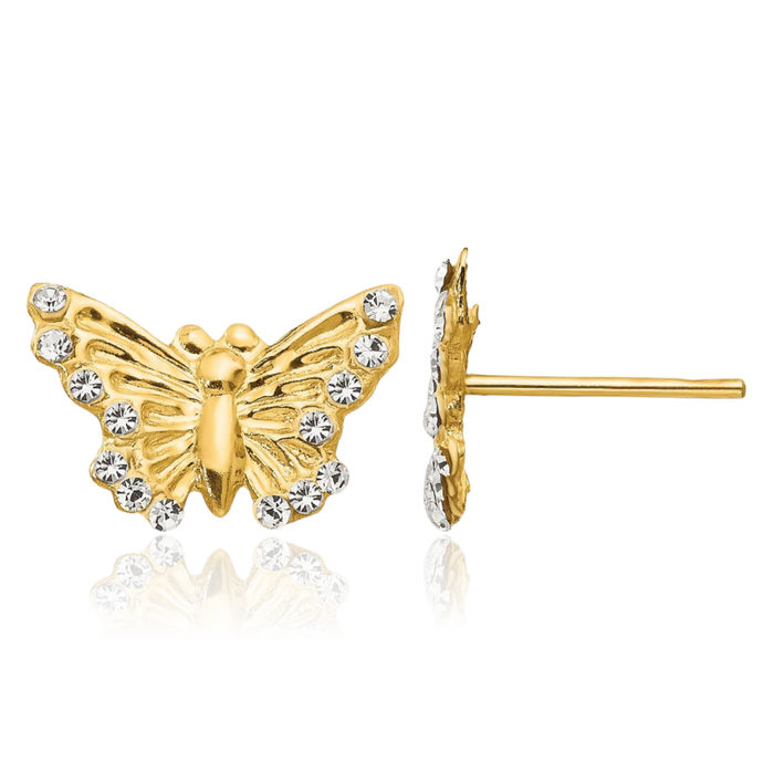 14K Solid Yellow Gold Cubic Zirconia CZ Butterfly Wings Stud Earrings