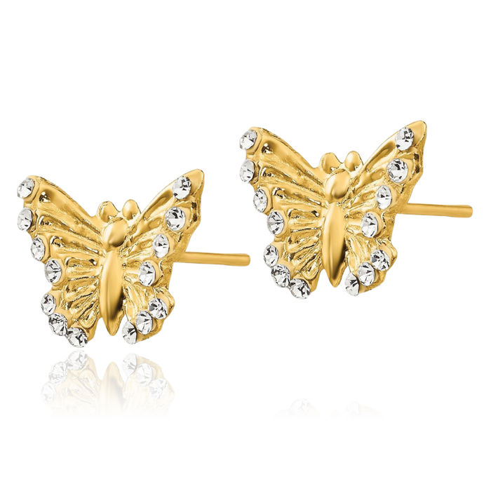 14K Solid Yellow Gold Cubic Zirconia CZ Butterfly Wings Stud Earrings