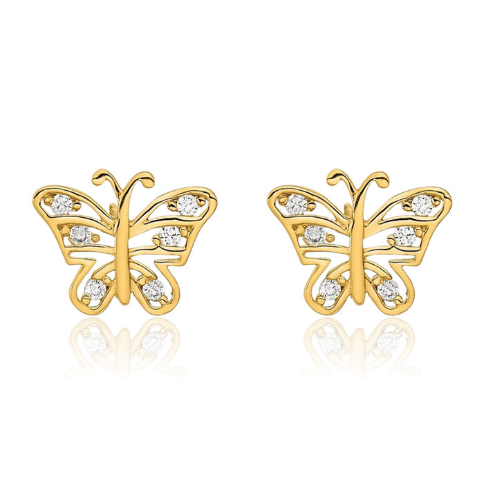 14K Solid Yellow Gold Cubic Zirconia CZ Butterfly Wings Stud Earrings