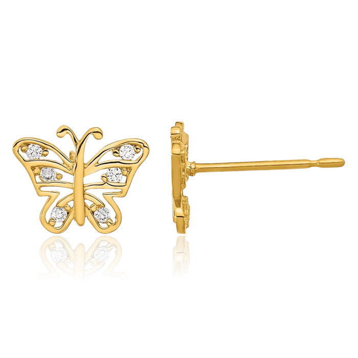 14K Solid Yellow Gold Cubic Zirconia CZ Butterfly Wings Stud Earrings