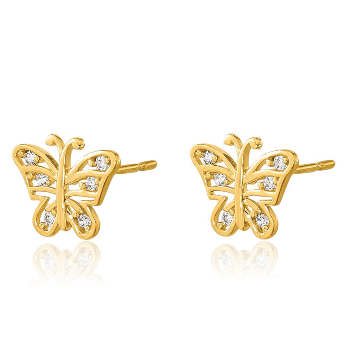 14K Solid Yellow Gold Cubic Zirconia CZ Butterfly Wings Stud Earrings