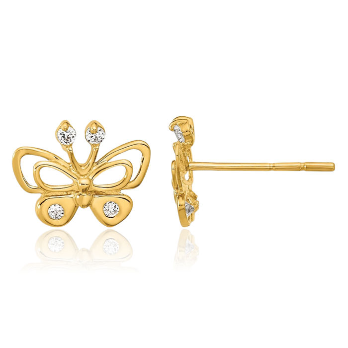 14K Solid Yellow Gold Cubic Zirconia CZ Butterfly Wings Stud Earrings