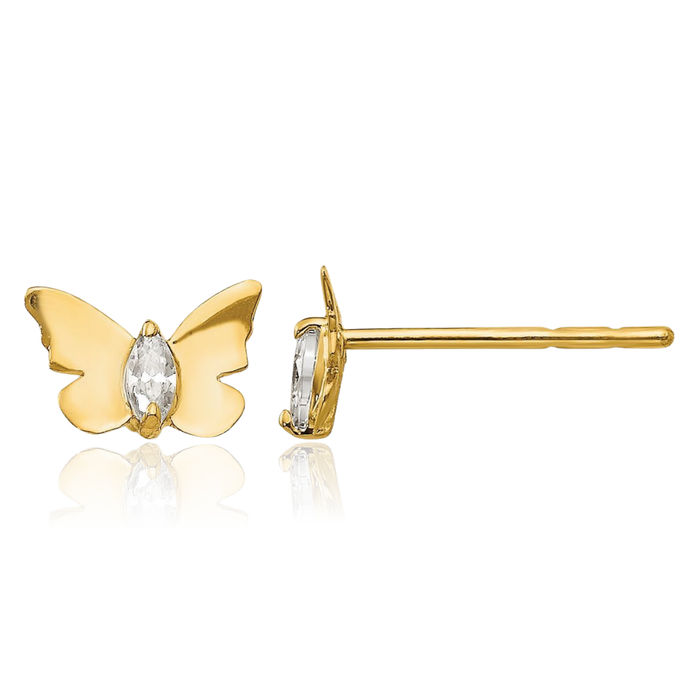 14K Solid Yellow Gold Cubic Zirconia CZ Butterfly Wings Stud Earrings