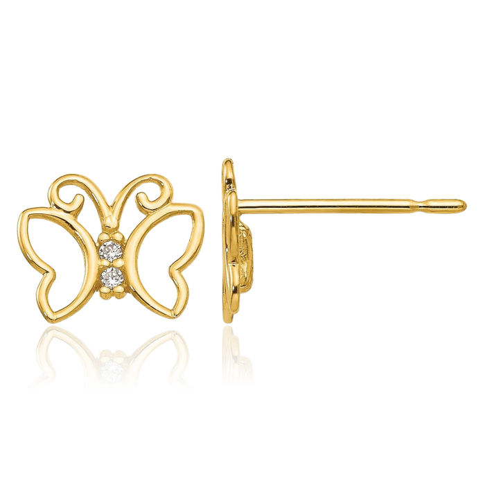 14K Solid Yellow Gold Cubic Zirconia CZ Butterfly Wings Stud Earrings