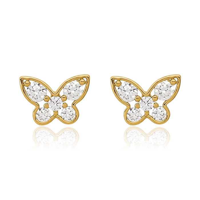 14K Solid Yellow Gold Cubic Zirconia CZ Butterfly Wings Stud Earrings