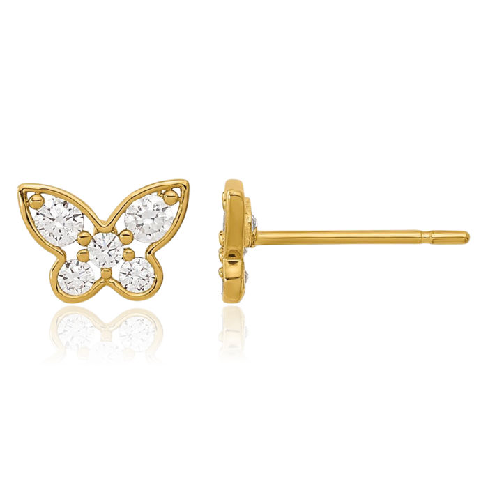 14K Solid Yellow Gold Cubic Zirconia CZ Butterfly Wings Stud Earrings