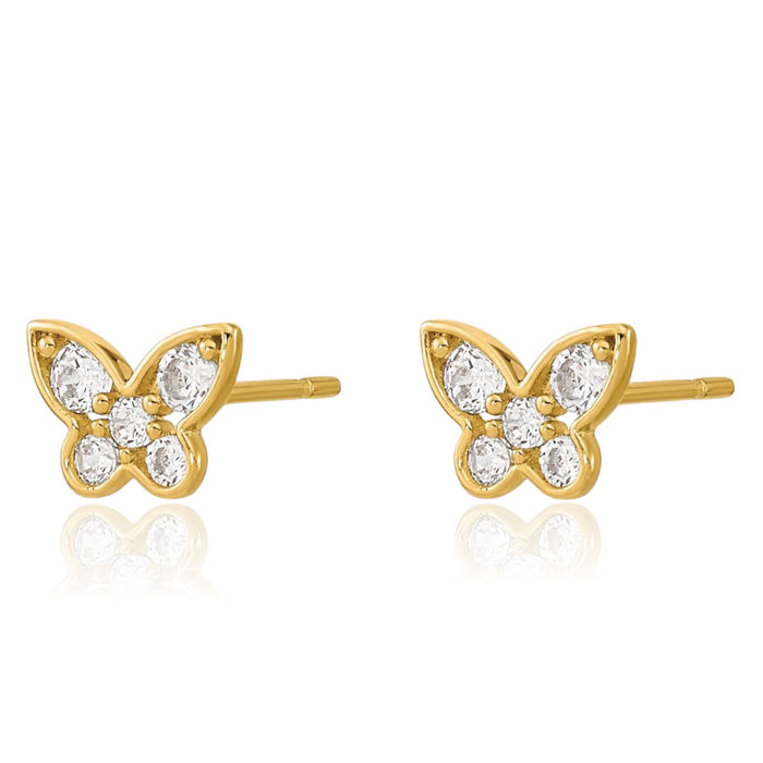 14K Solid Yellow Gold Cubic Zirconia CZ Butterfly Wings Stud Earrings