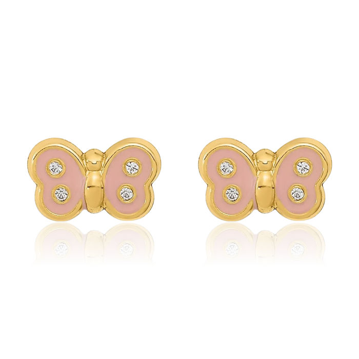 14K Solid Yellow Gold Cubic Zirconia CZ Butterfly Wings Stud Earrings