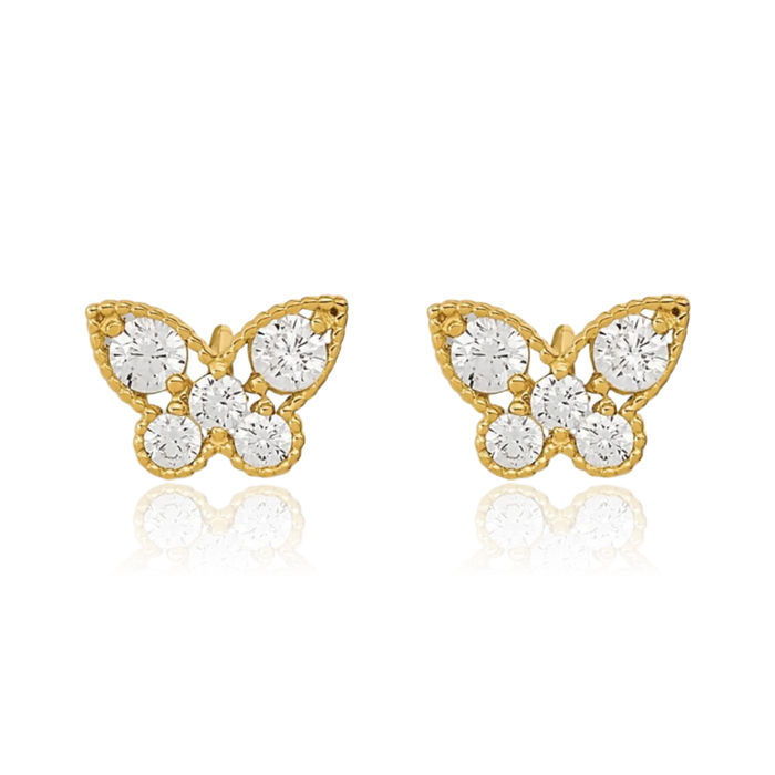 14K Solid Yellow Gold Cubic Zirconia CZ Butterfly Wings Stud Earrings