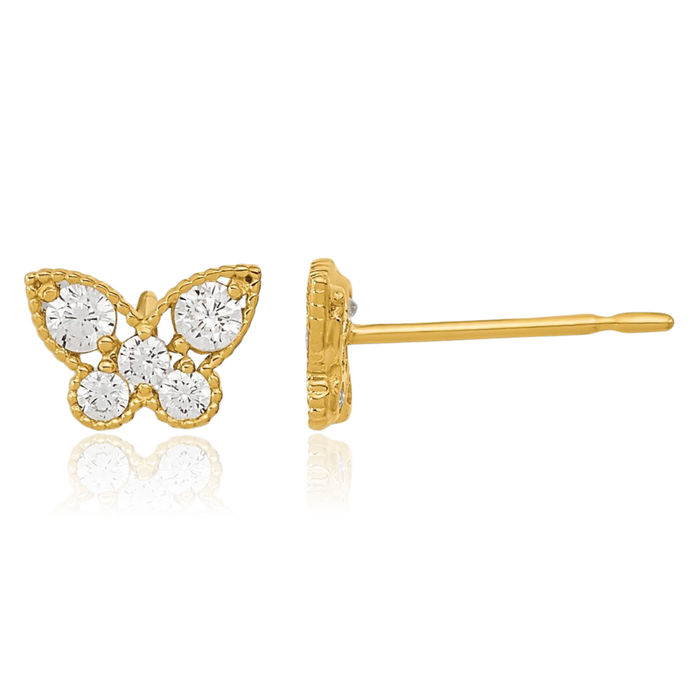 14K Solid Yellow Gold Cubic Zirconia CZ Butterfly Wings Stud Earrings