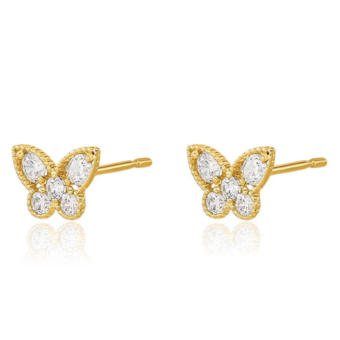 14K Solid Yellow Gold Cubic Zirconia CZ Butterfly Wings Stud Earrings