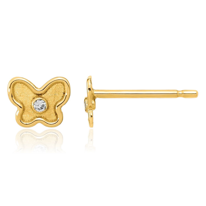 14K Solid Yellow Gold Cubic Zirconia CZ Butterfly Wings Stud Earrings