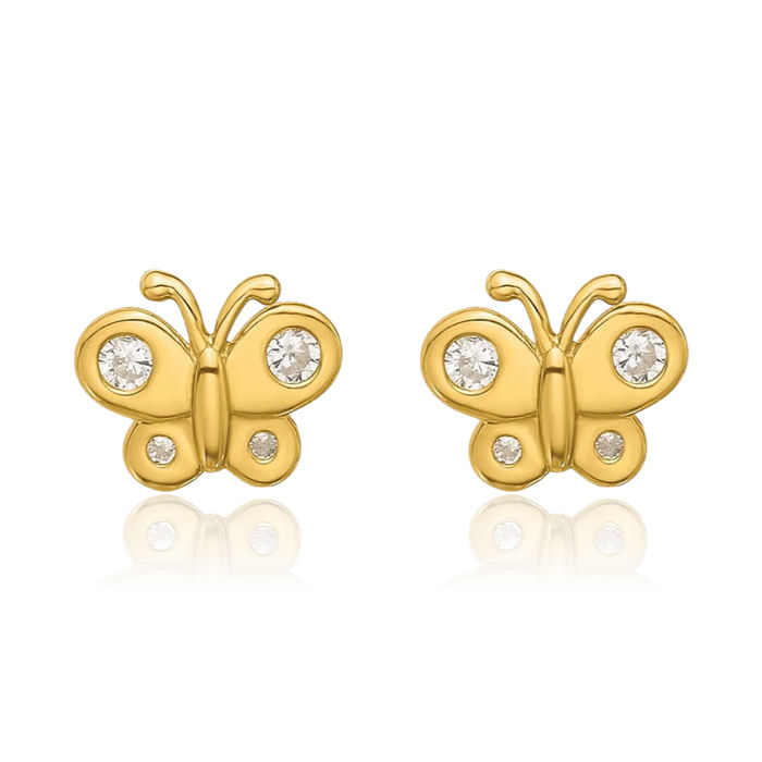 14K Solid Yellow Gold Cubic Zirconia CZ Butterfly Wings Stud Earrings