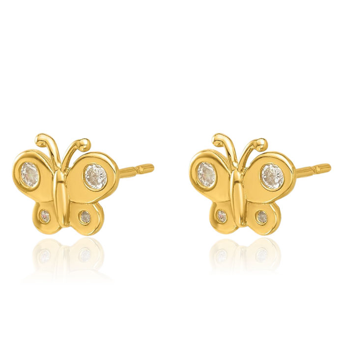 14K Solid Yellow Gold Cubic Zirconia CZ Butterfly Wings Stud Earrings