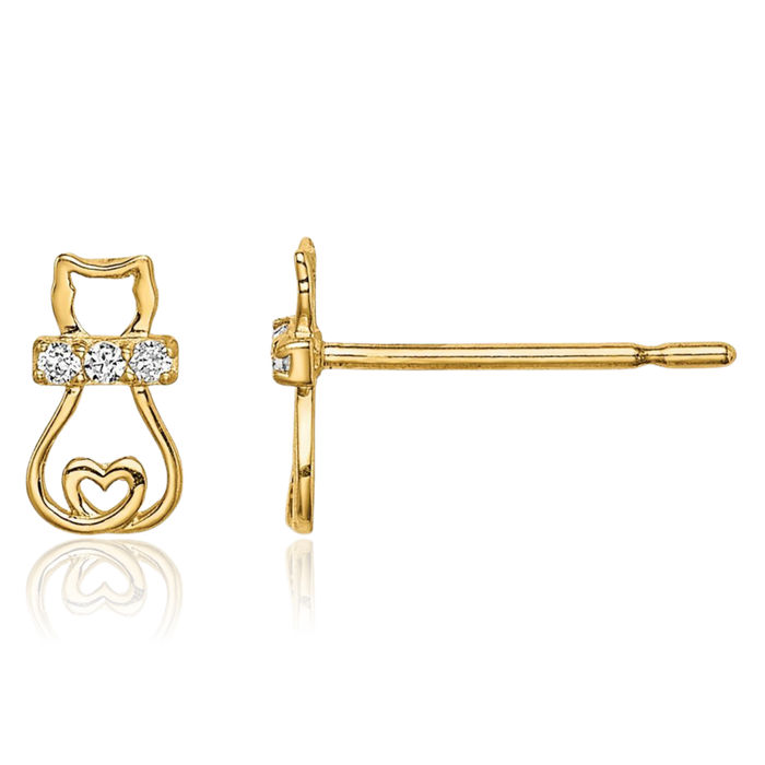 14K Solid Yellow Gold Cubic Zirconia CZ Cat Heart Tail Stud Earrings