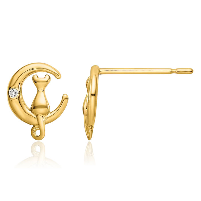 14K Solid Yellow Gold Cubic Zirconia CZ Cat Crescent Moon Stud Earrings Celestial Jewelry
