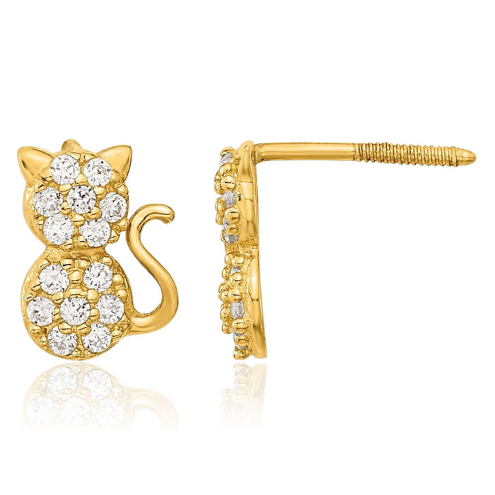14K Solid Yellow Gold Cubic Zirconia CZ Cat Screw Back Stud Earrings