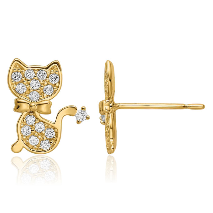 14K Solid Yellow Gold Cubic Zirconia CZ Cat Stud Earrings