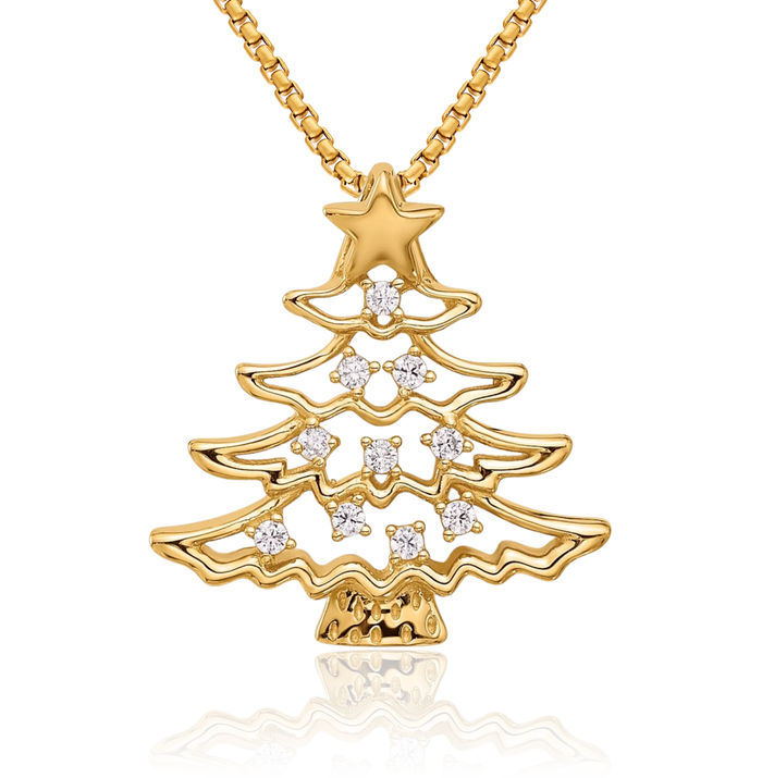 14K Solid Yellow Gold Cubic Zirconia CZ Christmas Tree Floating Chain Slide Pendant Necklace Charm