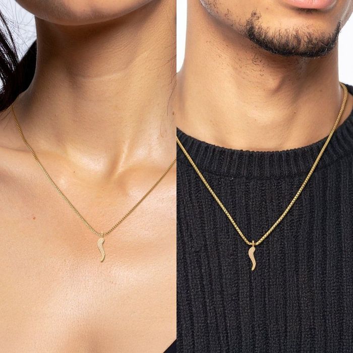 14K Solid Yellow Gold Cubic Zirconia CZ Cornicello Italian Horn Necklace Lucky Protection Amulet Pendant Chilli Pepper Charm