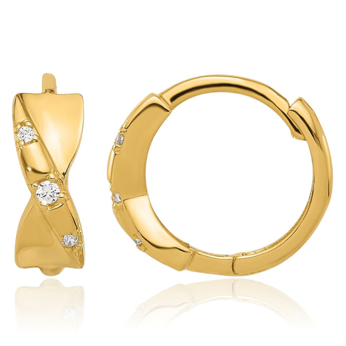 14K Solid Yellow Gold Cubic Zirconia CZ Crisscross Twisted Round Huggie Mini Small Hoop Earrings