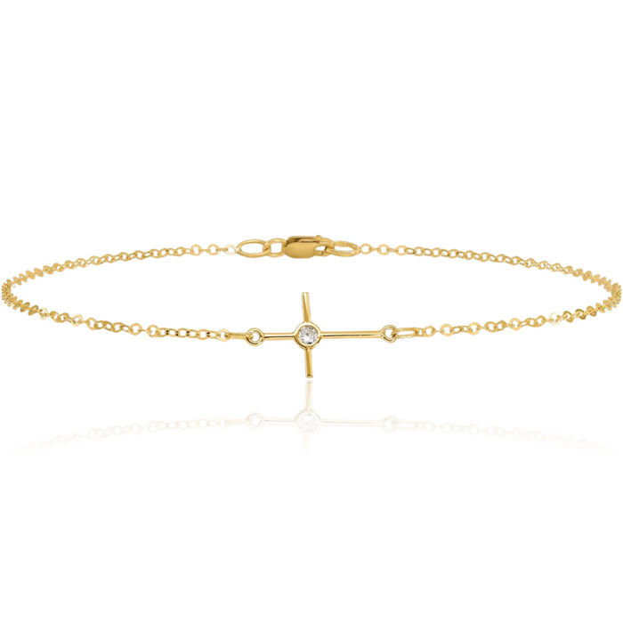 14K Solid Yellow Gold Cubic Zirconia CZ Holy Cross Anklet Religious Summer Beach Foot Ankle Bracelet