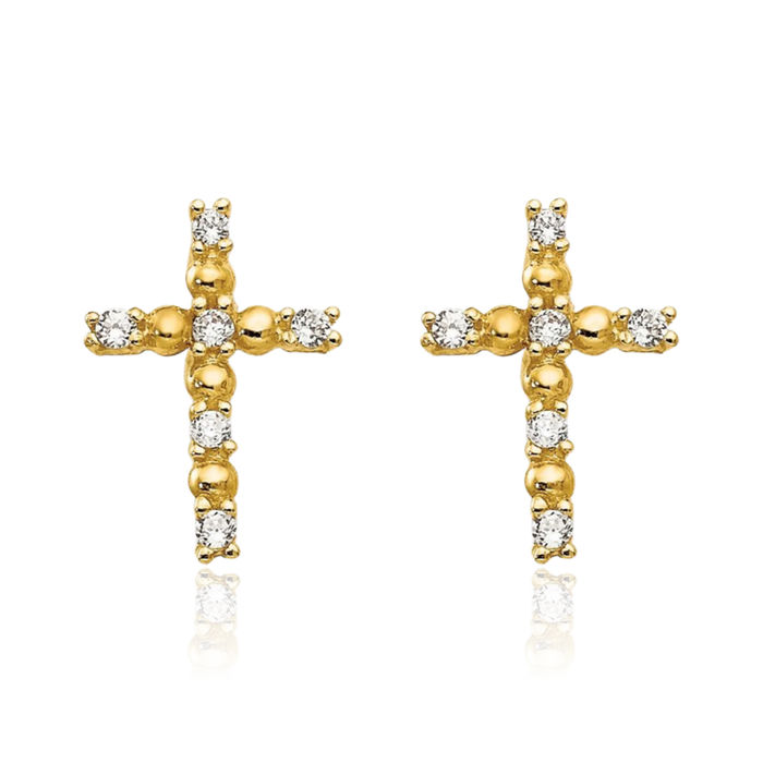 14K Solid Yellow Gold Cubic Zirconia CZ Holy Cross Drop Dangle Christian Religious Stud Earrings