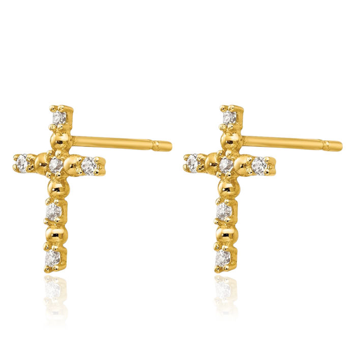 14K Solid Yellow Gold Cubic Zirconia CZ Holy Cross Drop Dangle Christian Religious Stud Earrings