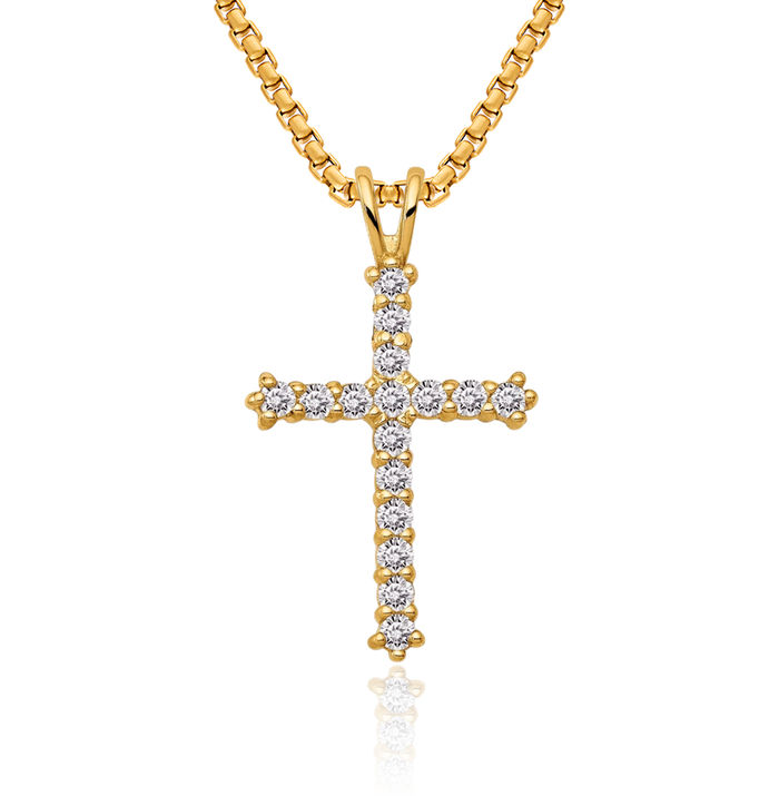 14K Solid Yellow Gold Cubic Zirconia CZ Holy Cross Floating Chain Slide Pendant Necklace Religious Jesus Christ Charm