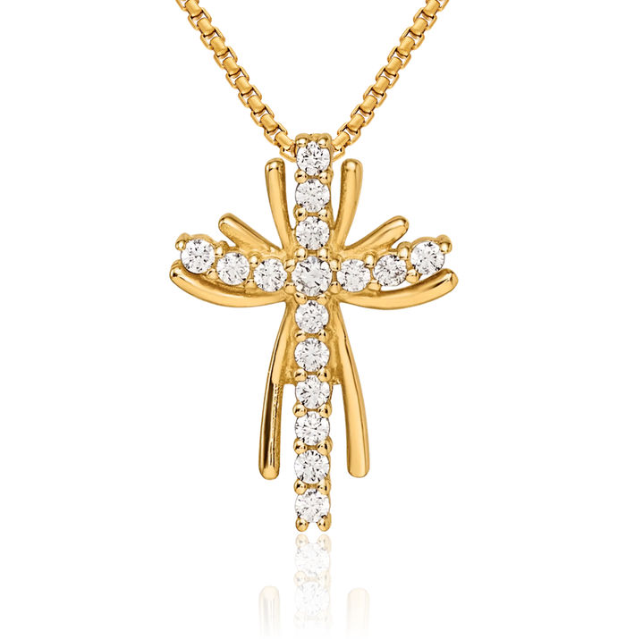 14K Solid Yellow Gold Cubic Zirconia CZ Holy Cross Floating Chain Slide Pendant Necklace Religious Jesus Christ Charm