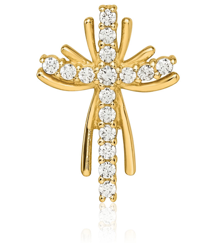 14K Solid Yellow Gold Cubic Zirconia CZ Holy Cross Floating Chain Slide Pendant Necklace Religious Jesus Christ Charm