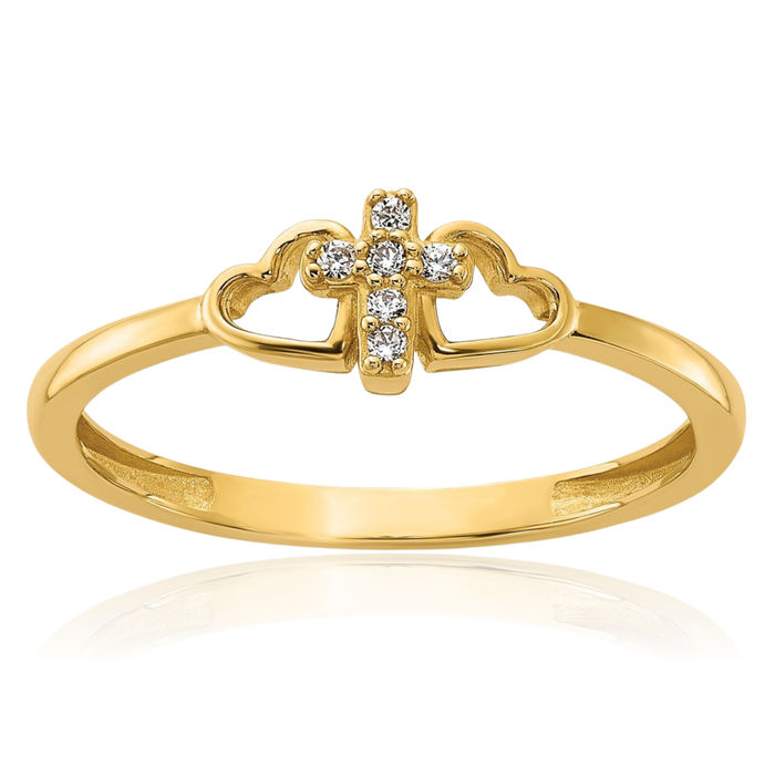 14K Solid Yellow Gold Cubic Zirconia CZ Holy Cross Heart Ring Christian Religious Love Band