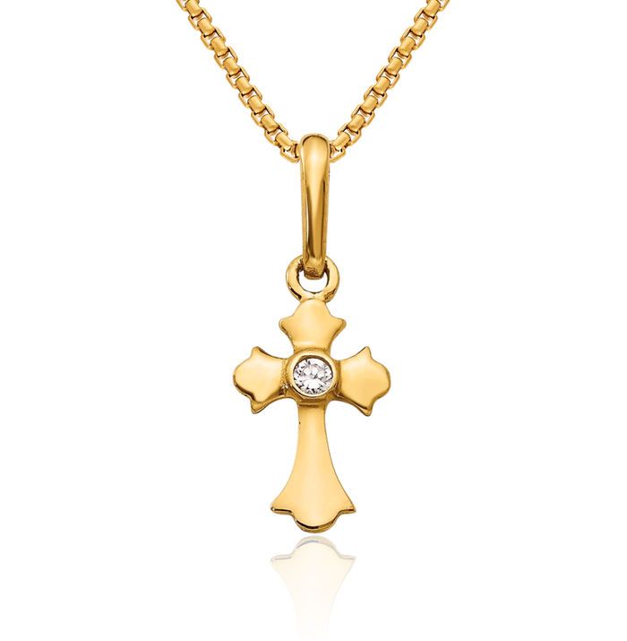 14K Solid Yellow Gold Cubic Zirconia CZ Holy Cross Necklace Religious Chain Pendant Jesus Christ Charm