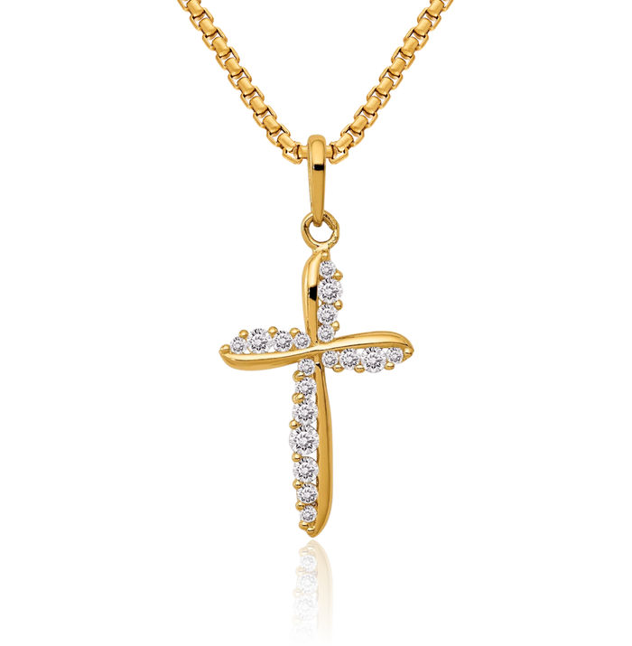 14K Solid Yellow Gold Cubic Zirconia CZ Holy Cross Necklace Religious Chain Pendant Jesus Christ Charm