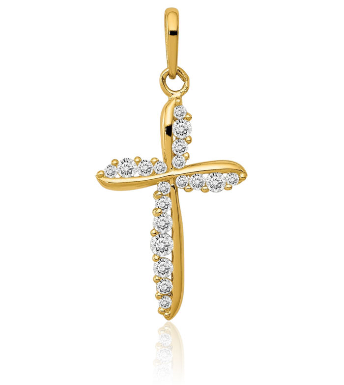 14K Solid Yellow Gold Cubic Zirconia CZ Holy Cross Necklace Religious Chain Pendant Jesus Christ Charm