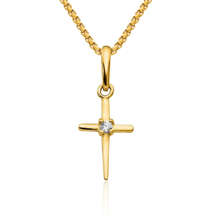 14K Solid Yellow Gold Cubic Zirconia CZ Holy Cross Necklace Religious Chain Pendant Jesus Christ Charm