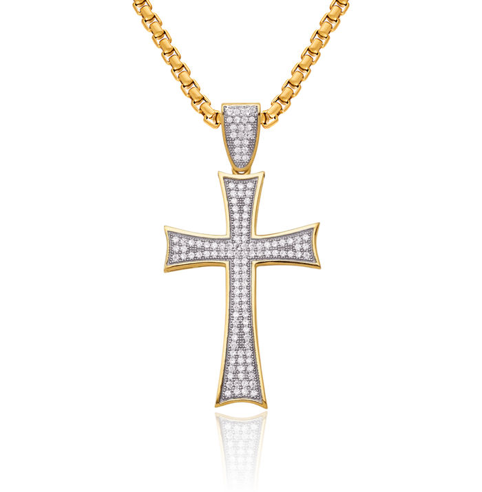 14K Solid Yellow Gold Cubic Zirconia CZ Holy Cross Necklace Religious Chain Pendant Jesus Christ Charm