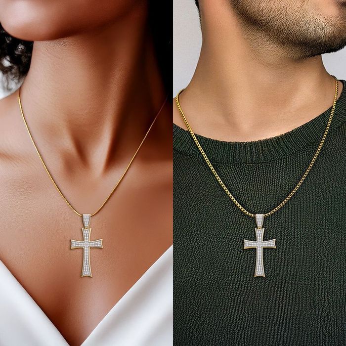 14K Solid Yellow Gold Cubic Zirconia CZ Holy Cross Necklace Religious Chain Pendant Jesus Christ Charm