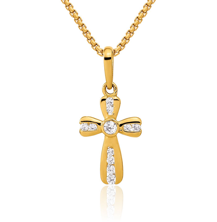 14K Solid Yellow Gold Cubic Zirconia CZ Holy Cross Necklace Religious Chain Pendant Jesus Christ Charm