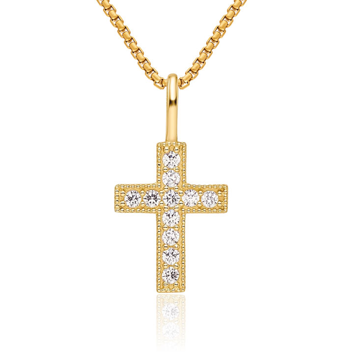 14K Solid Yellow Gold Cubic Zirconia CZ Holy Cross Necklace Religious Chain Pendant Jesus Christ Charm