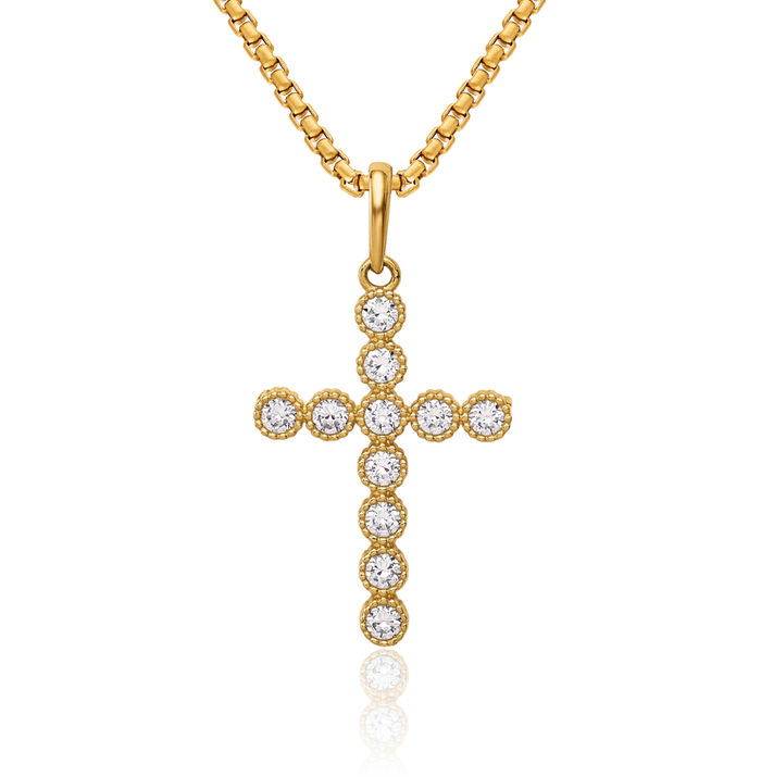 14K Solid Yellow Gold Cubic Zirconia CZ Holy Cross Necklace Religious Chain Pendant Jesus Christ Charm