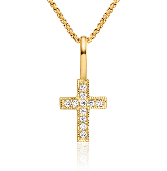 14K Solid Yellow Gold Cubic Zirconia CZ Holy Cross Necklace Religious Chain Pendant Jesus Christ Charm