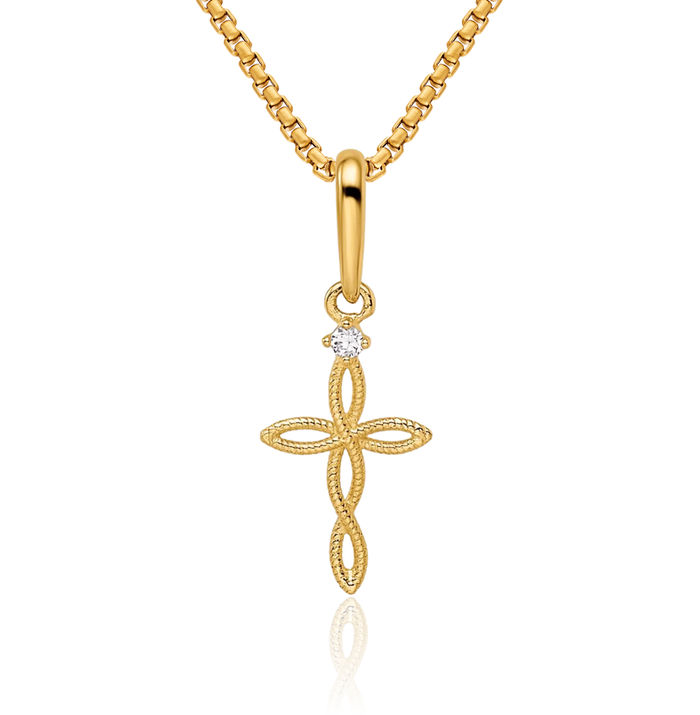 14K Solid Yellow Gold Cubic Zirconia CZ Holy Cross Necklace Religious Chain Pendant Jesus Christ Charm